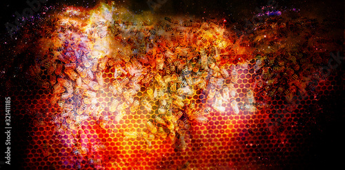 Bee honeycombs with honey and bees on abstract structured space background.