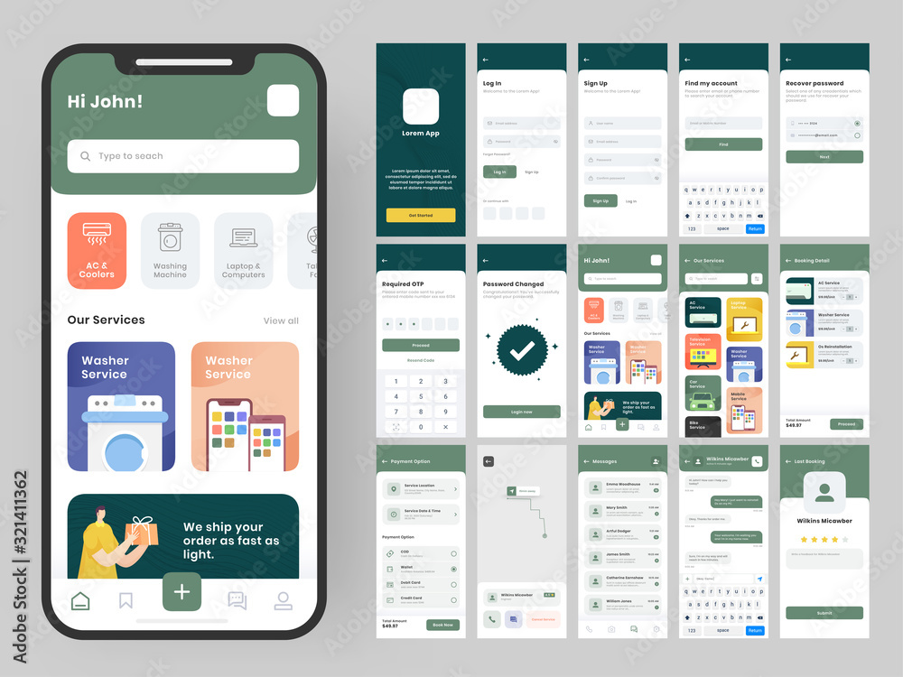 Mobile App UI Kit with Different GUI Layout Including Log in, Sign up, Create Account, Technical Items Detail, Delivery Service and Payment Screens.