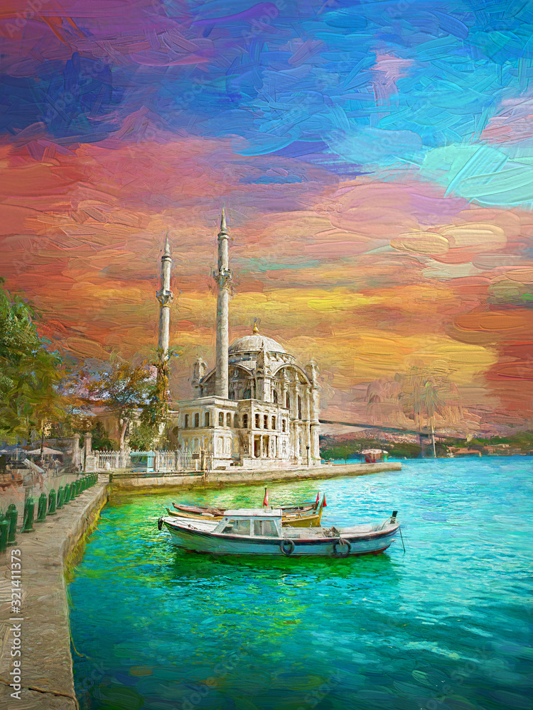 Obraz premium Stunning view of landscape in the morning sunrise at Ortakoy Mosque and Bosphorus Bridge, one of the most popular locations in the Bosphorus of Istanbul, Turkey.- oil painting.