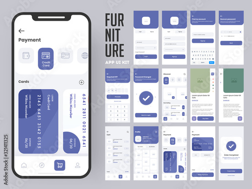 Furniture App Ui Kit for Responsive Mobile App or Website with Multiple Screens as Log in, Create Account, Profile, Order and Payment.