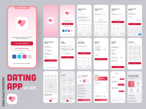Dating App UI Kit for Responsive Mobile App or Website with Different GUI Layout Including Creative Account or Profile, Details, Picture Type Screens.