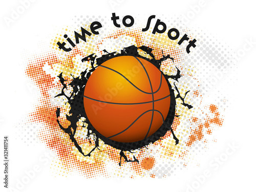 Realistic Basketball on Black Crack Halftone Effect Background for Time to Sport. © Abdul Qaiyoom