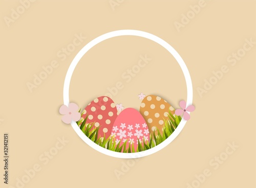 Easter eggs and grass in circle shape frame