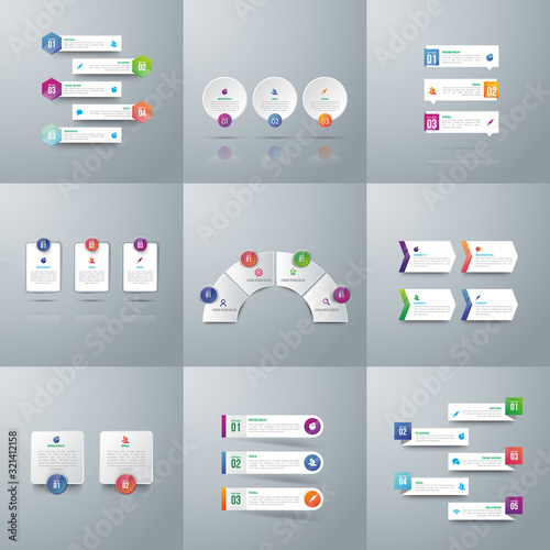 Infographic elements. Set of infographic design layouts with 9 option. Round diagrams, workflow and flowcharts, thin line icons and place for text. bar and line charts, -Vector..