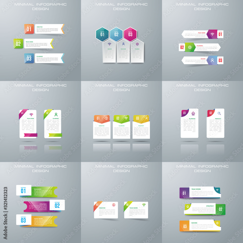Infographic elements. Set of infographic design layouts with 9 option. Round diagrams, workflow and flowcharts, thin line icons and place for text. bar and line charts, -Vector..