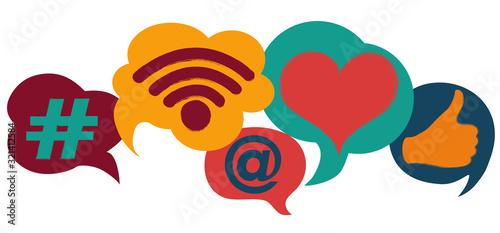 Speech bubble with app symbols for social media.Concept for bloggers and influencers.Community.Social network.Modern communication.Followers. Sharing ideas and information.e-marketing