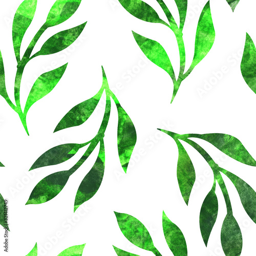 seamless green bright textured herbal pattern on white background