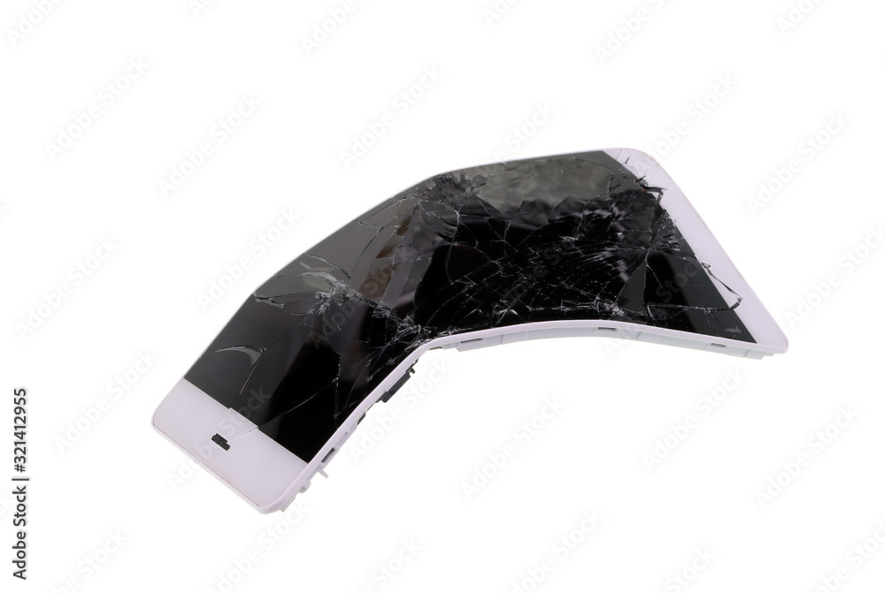 The moder no name mobile phone is broken and curved in half by the vandal's hands isolated macro The moder no name mobile phone is broken and curved in half by the vandal's hands isolated macro