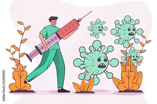 vector illustration people with vaccine for coronavirus 2019-nCoV. coronavirus medical vaccine injection.  treatment. stop corona virus. fight corona virus. defend from corona virus.