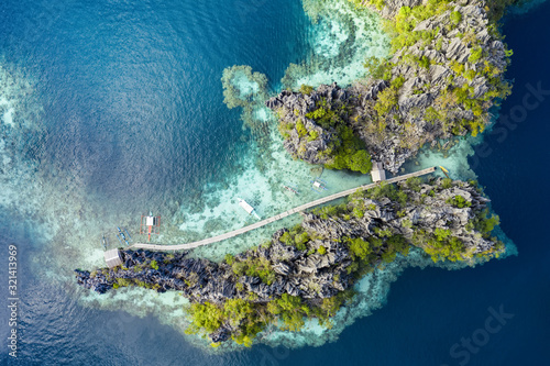 View from above  stunning aerial view of an island surrounded by a beautiful coral reef and bathed by a turquoise  crystal clear sea. Malwawey Coral Garden  Coron Island  Palawan  Philippines.