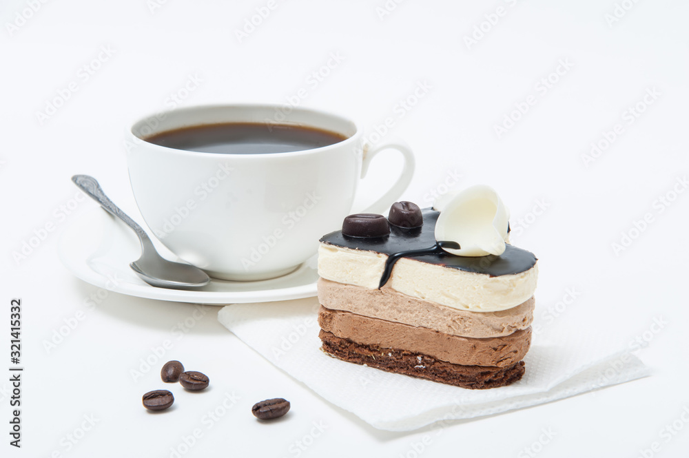 Heart shaped cup of coffee and dessert cake Heart shaped cup of coffee and dessert cake