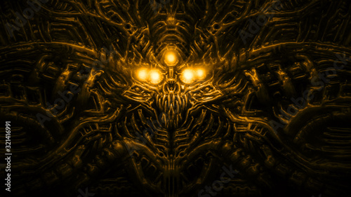 Terrible skull head of cybernetic organism with wires and mechanisms