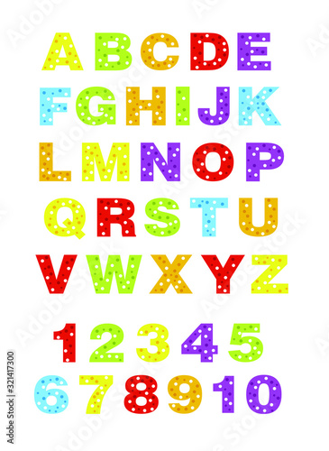 alphabet for children. Kids learning material. Card for learning alphabet. colored alphabet and numbers in dots 