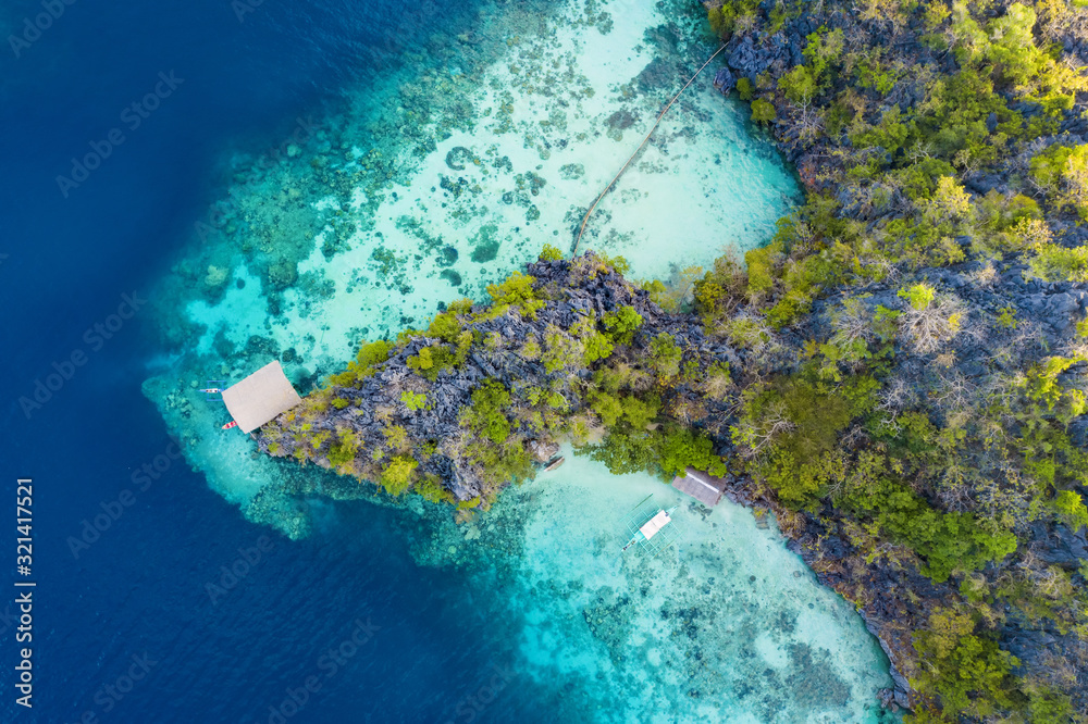 View from above, stunning aerial view of an island surrounded by a  beautiful coral reef and bathed by a turquoise, crystal clear sea. Malwawey  Coral Garden, Coron Island, Palawan, Philippines. foto de