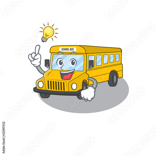 a clever school bus cartoon character style have an idea gesture