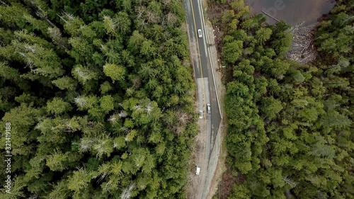 A road going thru the beautiful, lush forest by the Kennedy river in Vancouver island, Canada - top view photo