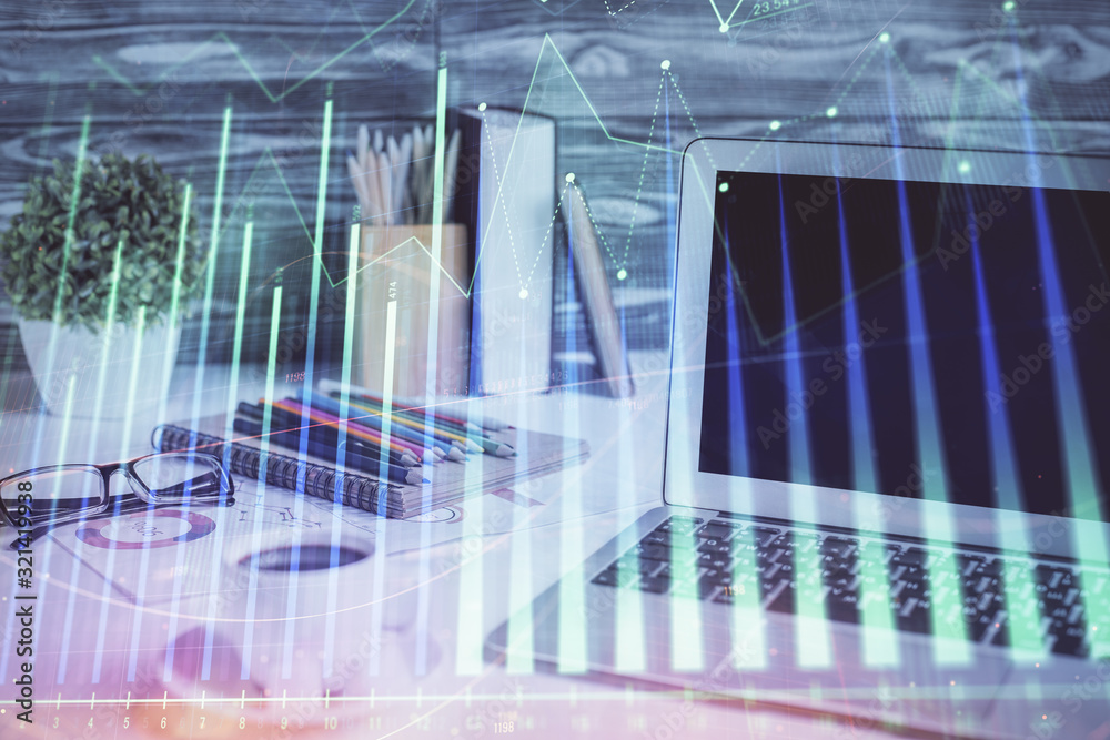 Stock market graph and table with computer background. Double exposure. Concept of financial analysis. Stock market graph and table with computer background. Double exposure. Concept of financial analysis.