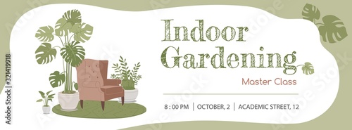 Indoor gardening masterclass horizontal advertisement banner template. Calming interior in modern city apartment.