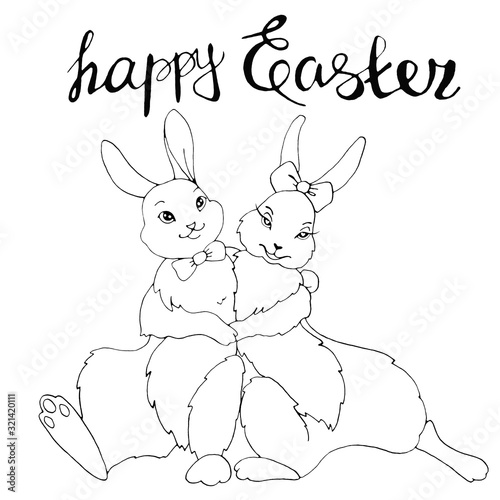 Happy Easter. Cute hugging bunny  rabbits  hares. Contour illustration for coloring book  greeting card  web. Outline hand drawn