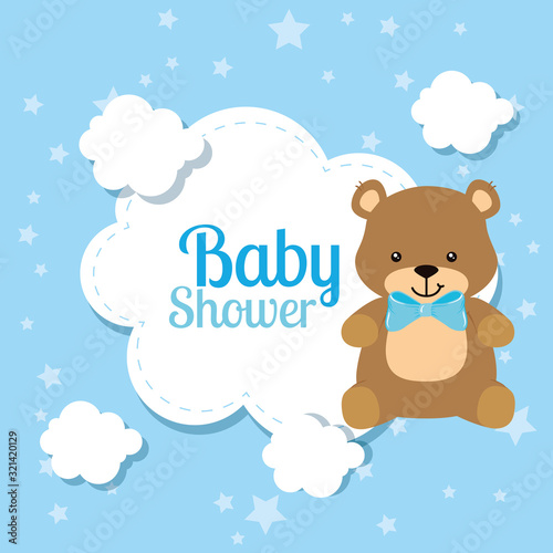 baby shower card with cute bear and clouds