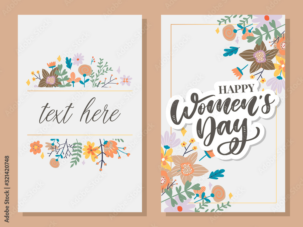 8 march. Happy Woman's Day Vector congratulation card with linear floral wreath