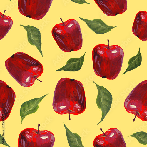 Seamless pattern red apples on a yellow background. Hand drawn gouache illustration. Juicy and appetizing pattern, design for wallpaper, fabrics, textiles, packaging, website, cafe, menu.