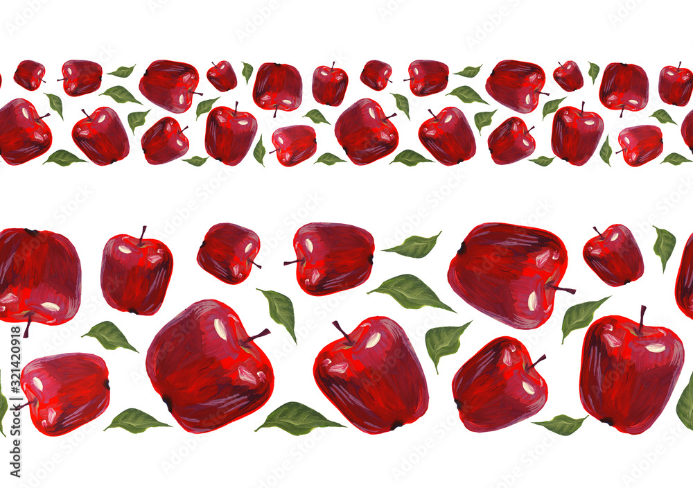 Seamless borders from apples, ribbons, fruits, gardening. Gouache drawing. Design for duct tape, adhesive tape, wallpaper. Seamless borders from apples, ribbons, fruits, gardening. Gouache drawing. Design for duct tape, adhesive tape, wallpaper.