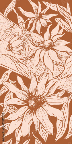 Flowers floral background, aster blossom ornate floral decoration vintage art design. echinacea blossoms, flowers flourish buds bloom, vertical sepia imprint texture background
