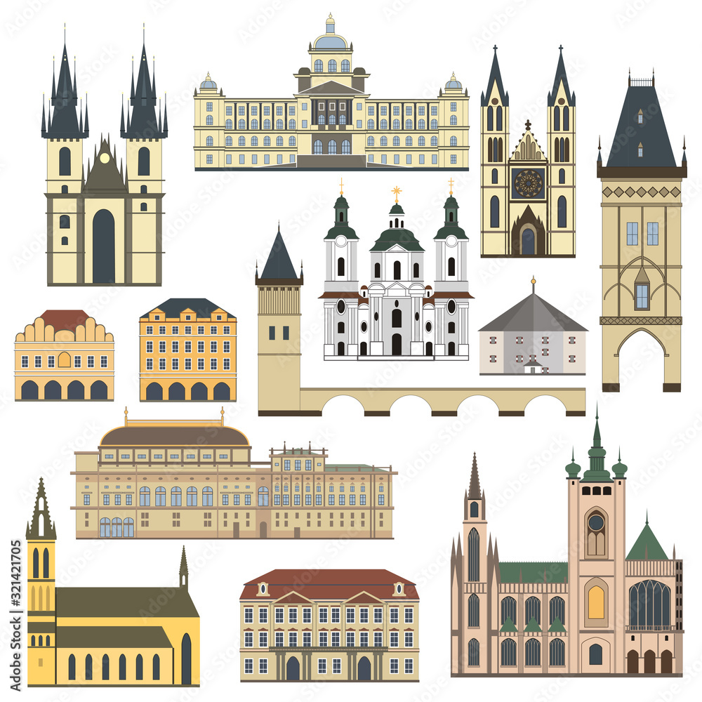 Cartoon symbols and objects set of Prague. Popular tourist architectural objects for design