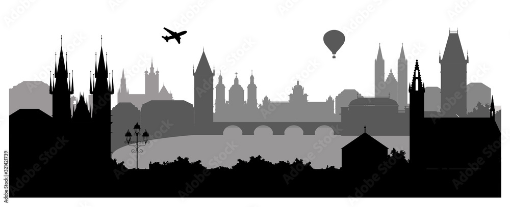 Panorama of Prague flat style vector illustration. Cartoon Prague architecture symbols and objects. Prague city skyline vector background. Flat trendy illustration