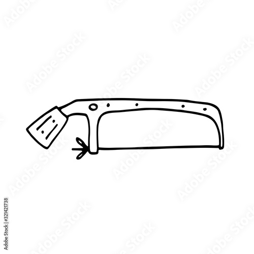 Saw, circular saw, knife, blade instrument cartoon cute hand drawn doodle vector illustration, element, sticker, icon. Black monochrome design. Isolated on white background. Easy to change color. 
