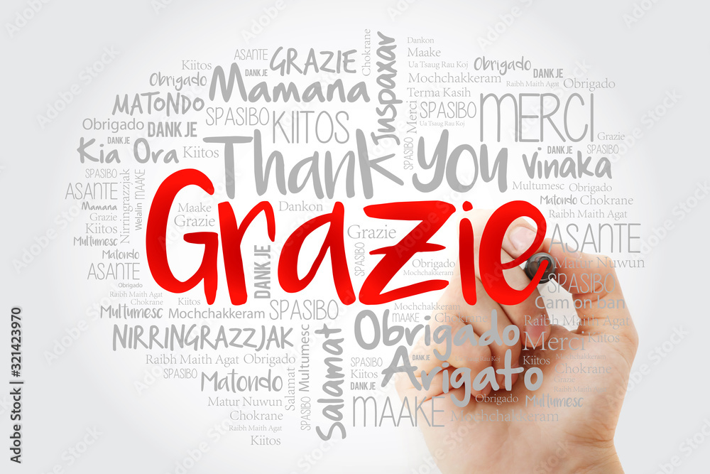 Grazie (Thank You in Italian) word cloud background in different languages with marker