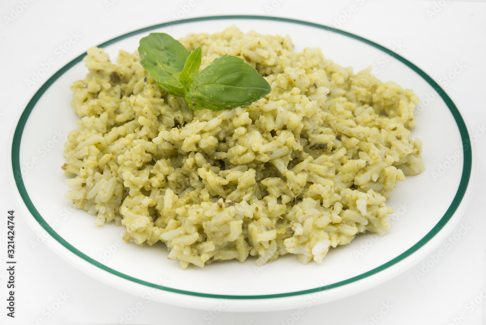 Rice with basil pesto sauce