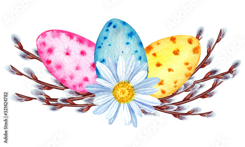 Watercolor spring easter composition with eggs, chamomile, pussy willow. Isolated on white background.