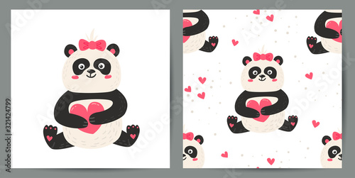 Set of cute poster and seamless pattern with pandas.