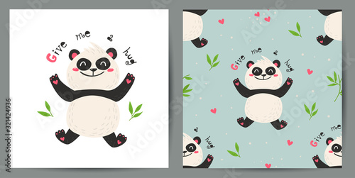 Fototapeta Naklejka Na Ścianę i Meble -  Set of cute poster and seamless pattern with pandas.