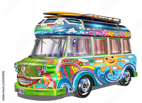 Retro hippie  bus with surf boards	