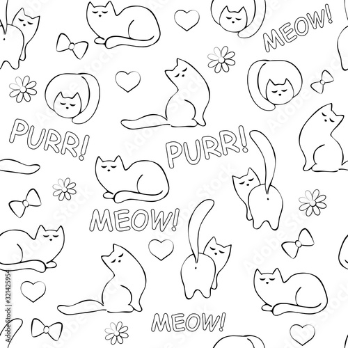 Cats and kittens silhouettes, bows, hearts, flowers on white background, "purr" and "meow" words. Seamless pattern, vector, outline. © koshkamurka