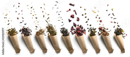 Large assortment of tea on a white background. The view from the top photo