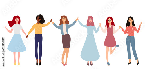 8 March Women's day.  A group of women standing together and holding hands. Vector illustration. Vector illustration. 