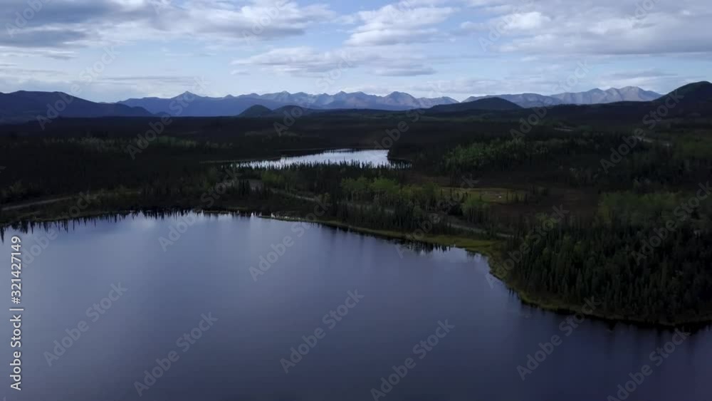 Flying over the beautiful waters of the Northern British Columbia Lake by the lush, green forest - Aerial shot Flying over the beautiful waters of the Northern British Columbia Lake by the lush, green forest - Aerial shot