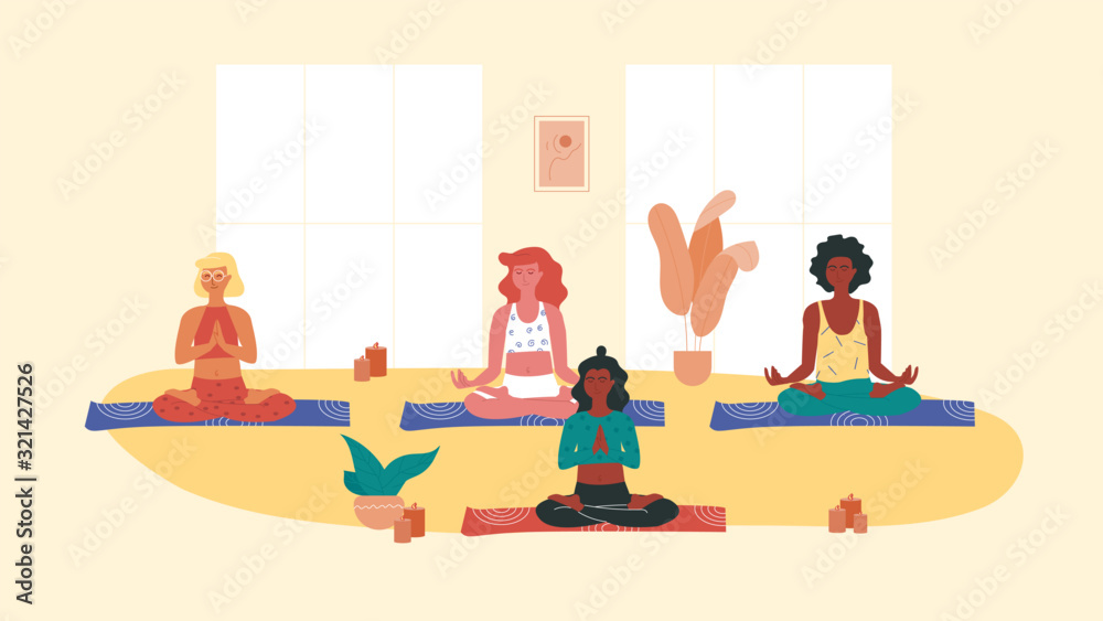 Group of women of different race doing yoga during yoga session. Yoga, stretching and pilates instructor. Stress relief with the help of physical activity. Physical and mental health. Group of women of different race doing yoga during yoga session. Yoga, stretching and pilates instructor. Stress relief with the help of physical activity. Physical and mental health.