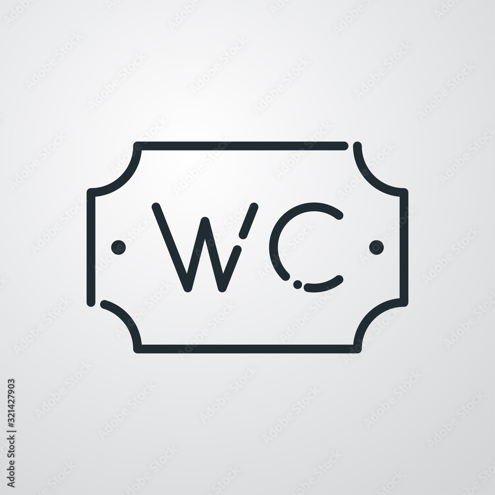 Icono plano lineal letrero de puerta con texto WC en fondo gris Icono plano lineal letrero de puerta con texto WC en fondo gris