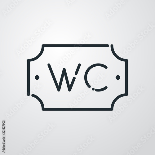 Icono plano lineal letrero de puerta con texto WC en fondo gris