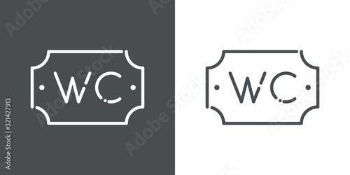Icono plano lineal letrero de puerta con texto WC en fondo gris y fondo blanco