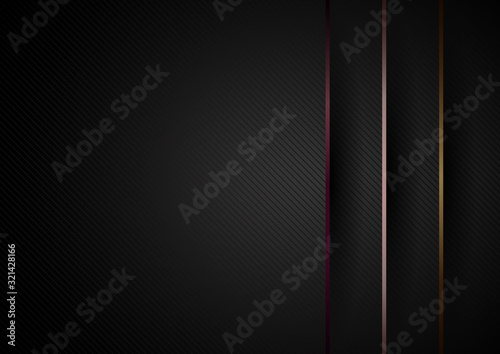 Abstract modern black paper layers overlap dimension background and golden, pink gold, copper metallic lines with space for your text.