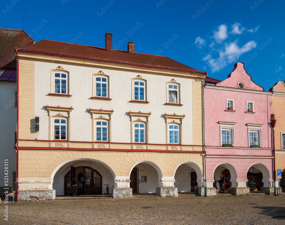 Scenic view of renaissance tenement houses on market square of old town in Nove Mesto nad Metuji, Czech Republic
