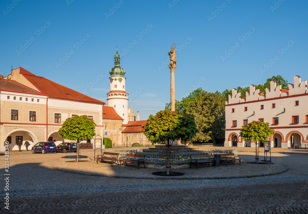 Morning view of column with statue of Virgin Mary on Husovo square, Nove Mesto nad Metuji, Czech Republic