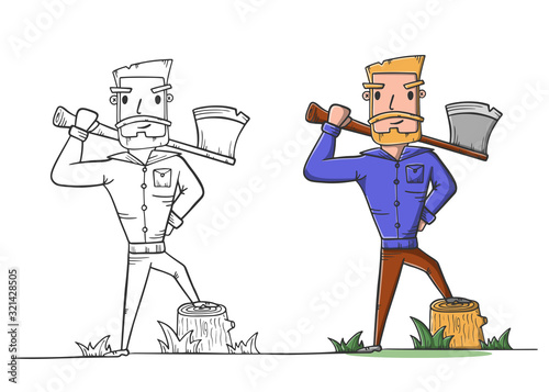 Lumberjack with axe coloring page. Woodcutter job.