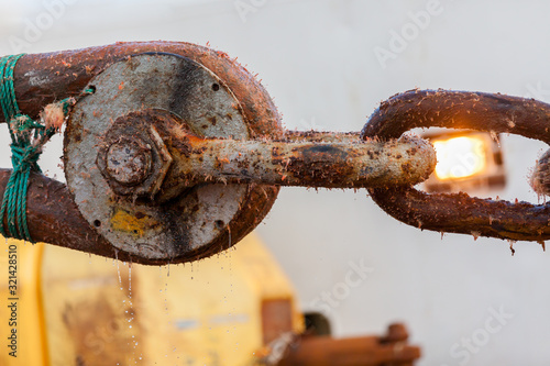 NORTH SEA  NORWAY - 2015 JANUARY 19. Oil rig mooring chain connection between rig chain and polyester fiber.